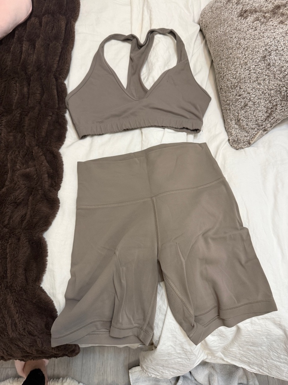 TNA Taupe Workout Bra and High-Waist Biker Shorts Set